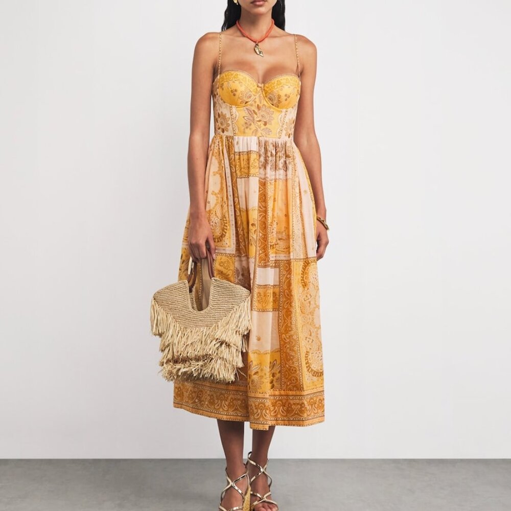 New Zimmermann Mustard Bandana Lucky Corset Midi Dress